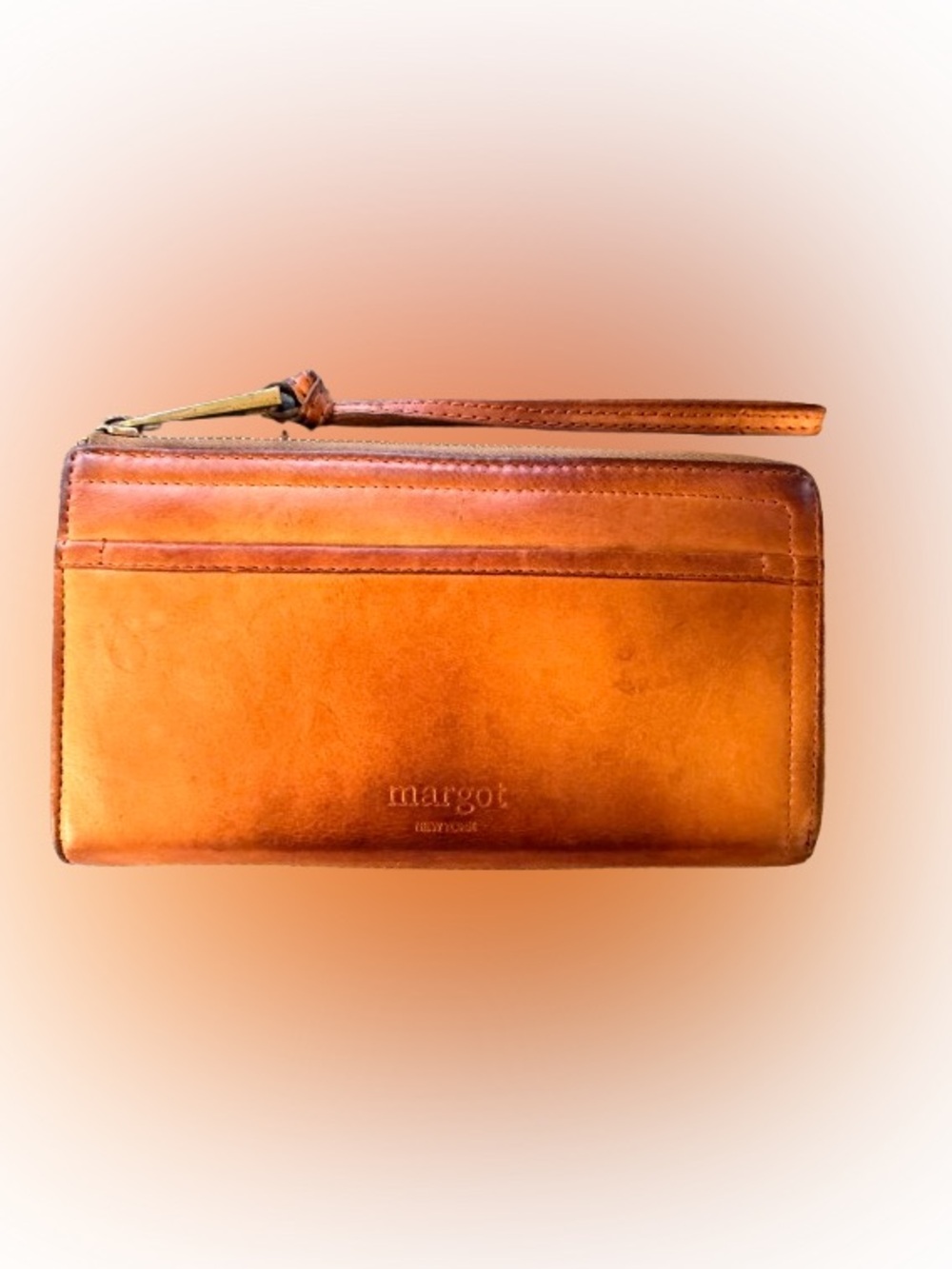 Margot New York Brown Leather Zip Around Wristlet Wallet Cognac